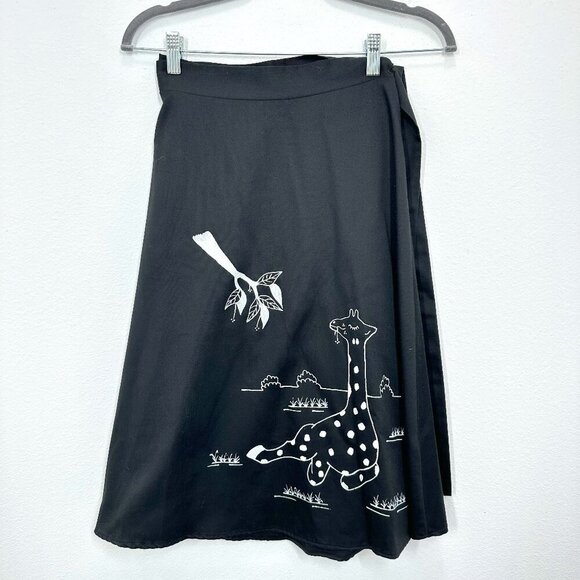 Vintage Giraffe Unique Hand Painted Black True Wrap Skirt Quirky Retro Pinup - Picture 1 of 4
